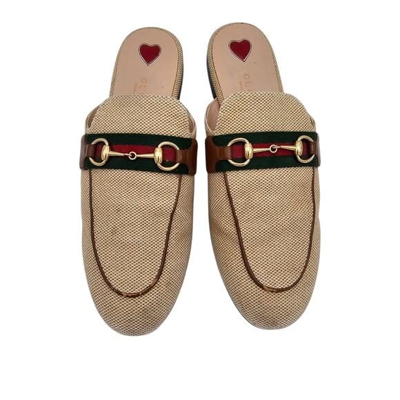 Gucci Princetown Horsebit Flat Mule Slipper Canvas Beige Web Stripe Size 38 US 8 - Picture 3 of 13
